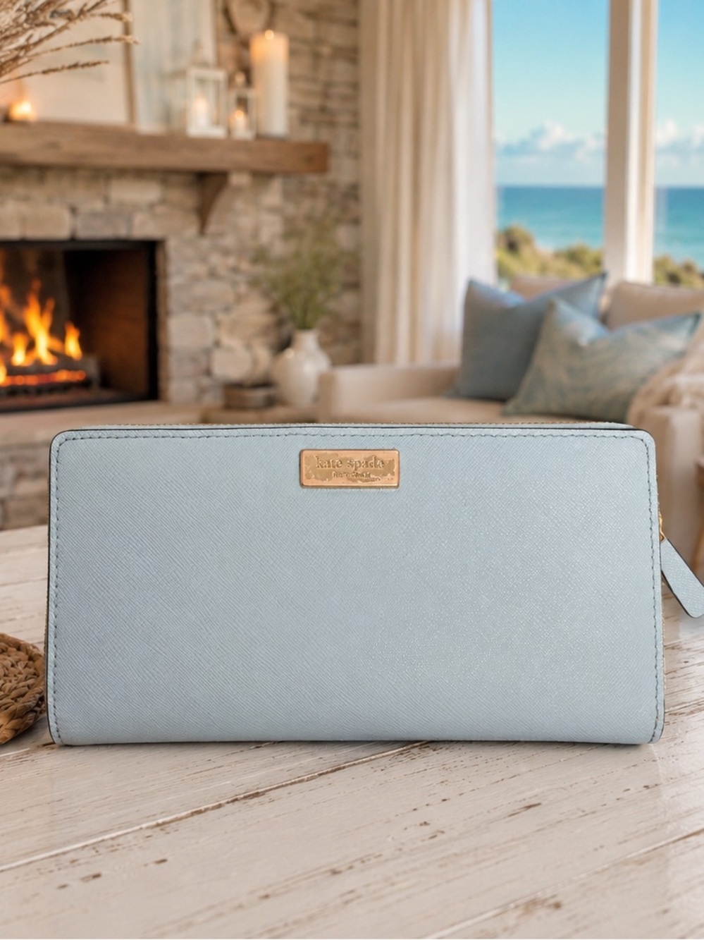 kate spade pastel blue zip-around wallet with gold plaque